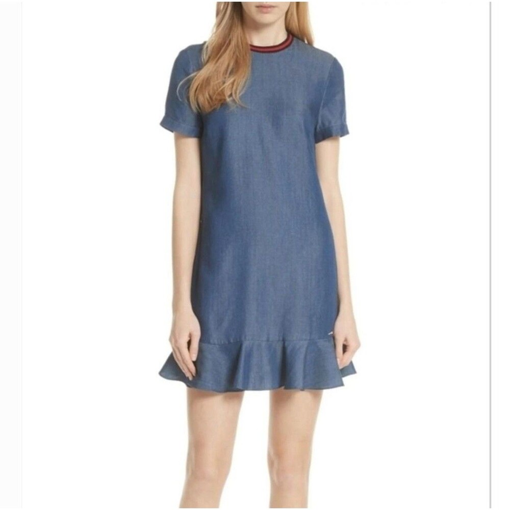 Ted Baker London Lyocell Denim Look Ruffle Dress Sz 3 / US 8